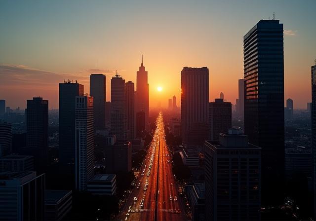 Vista panorámica del skyline de Paseo de la Reforma iluminado al atardecer, representando crecimiento financiero